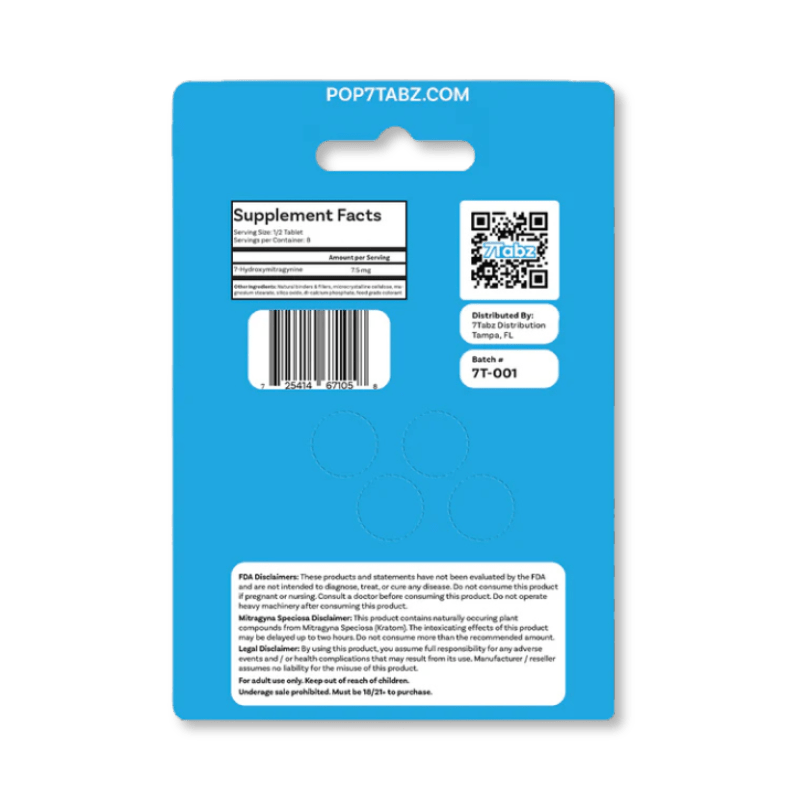 7Tabz 7-OH 15mg GrapeTablets back label Supplement Facts, ingredients, dosage, and warnings